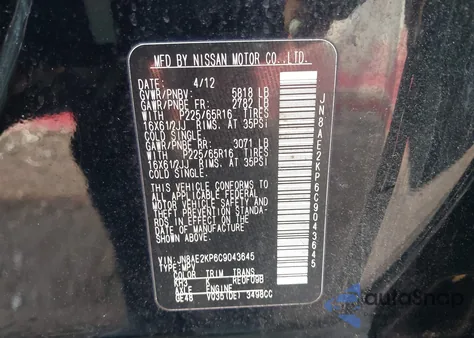 2012 Nissan Quest S z USA, uszkodzony, nr VIN JN8AE2KP6C9043645